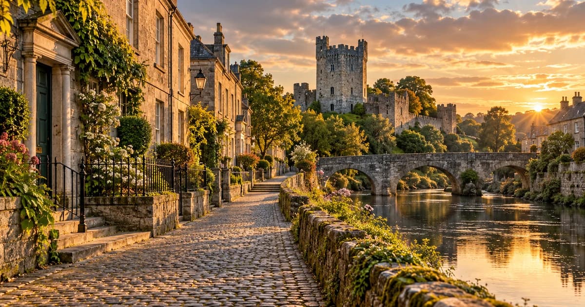 AI-generated illustration of an Irish stone castle, historic streets and riverside