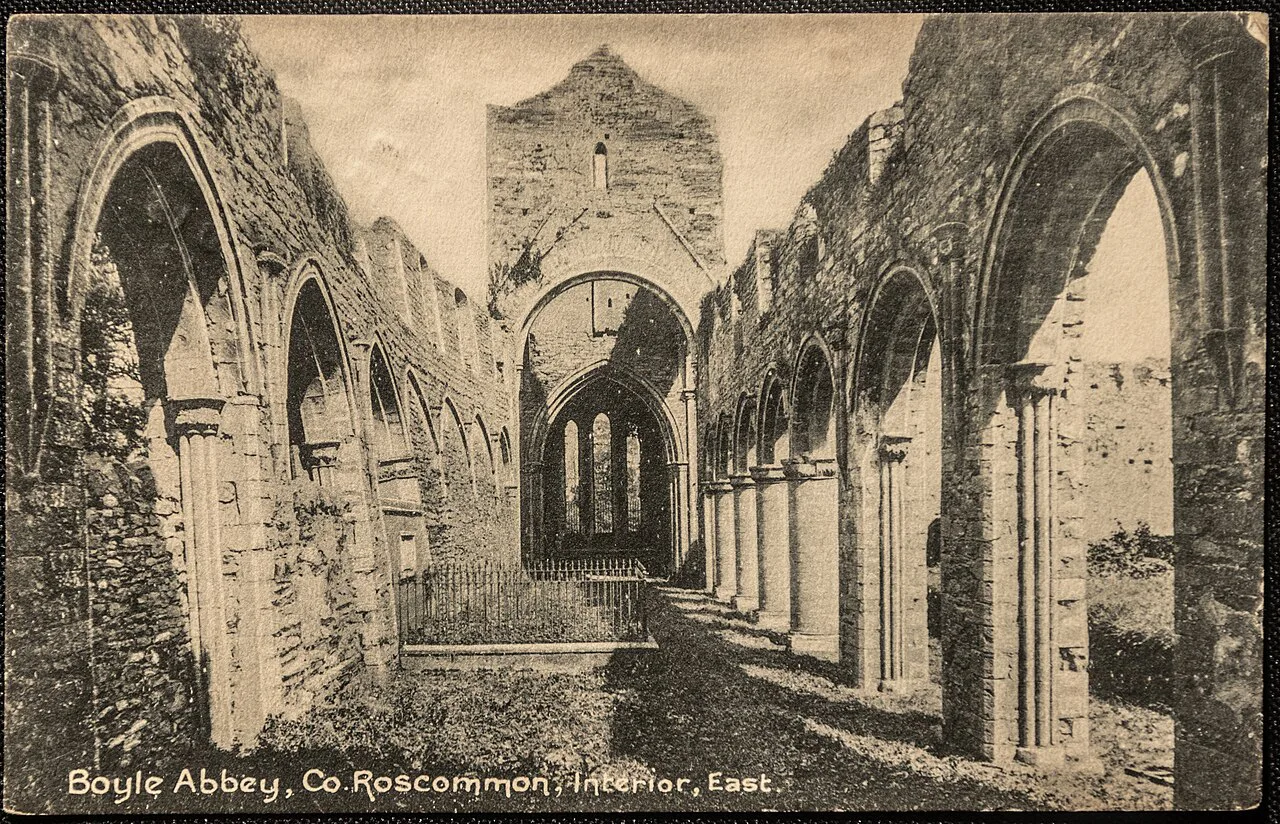 Historic postcard of the interior of Boyle Abbey.