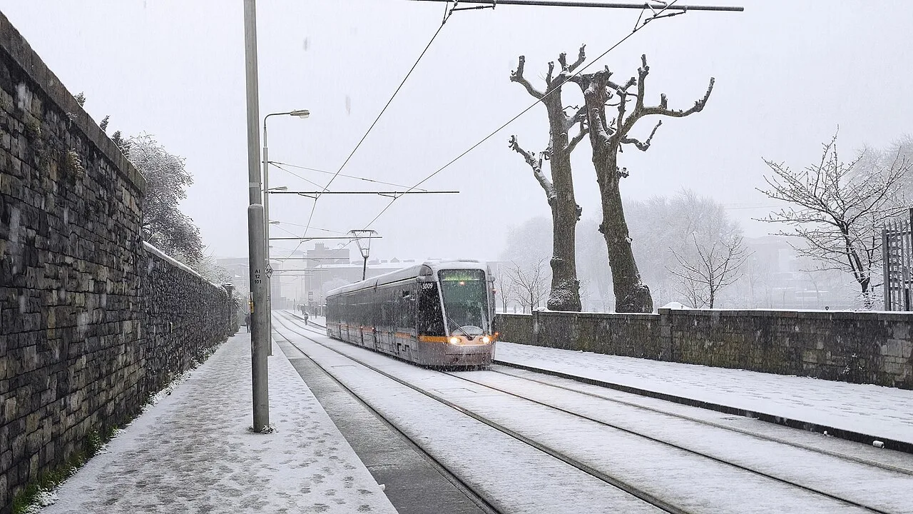 Snow on the Luas line at Benburb Street, Dublin.