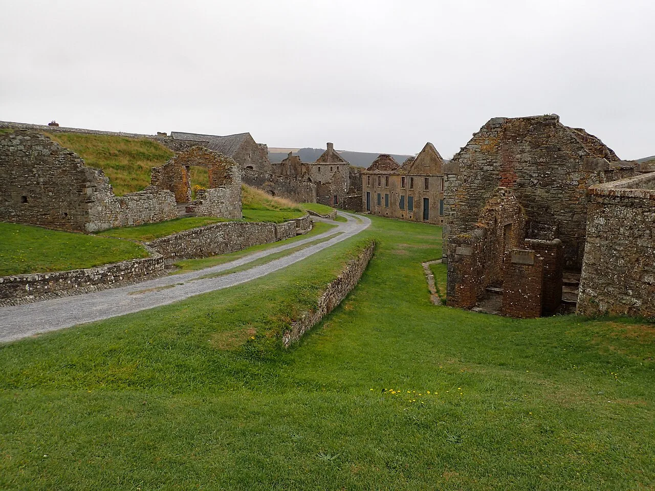 Paths and surviving buildings inside Charles Fort, Kinsale.