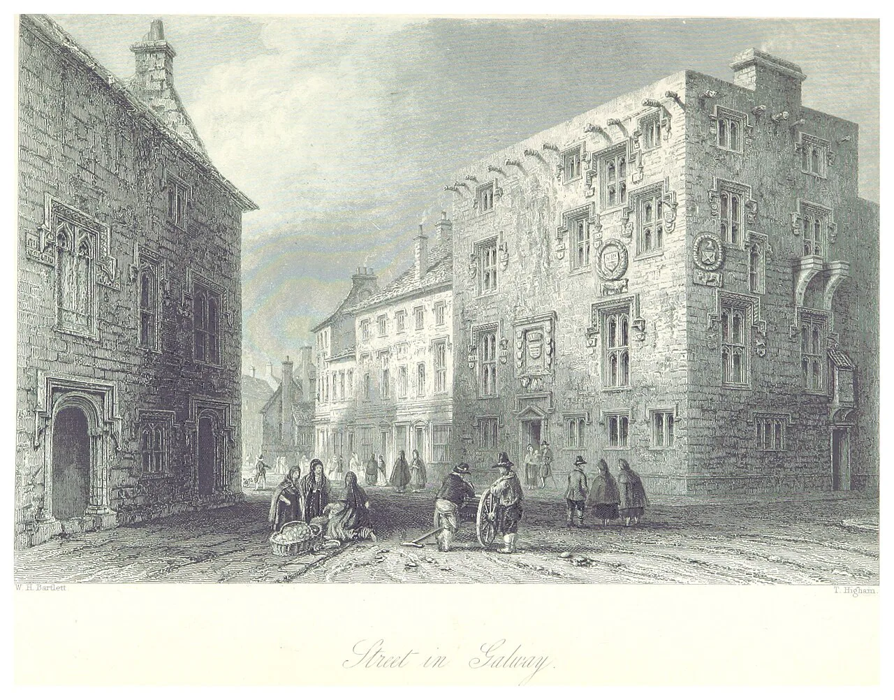 Historic illustration of a Galway street and Lynch’s Castle, published in 1891.