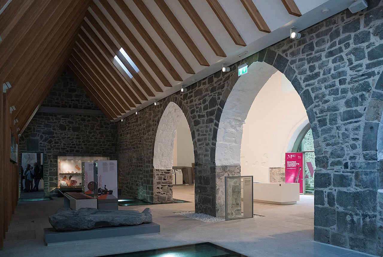 Stone arches and exhibition space inside the Medieval Mile Museum, Kilkenny.