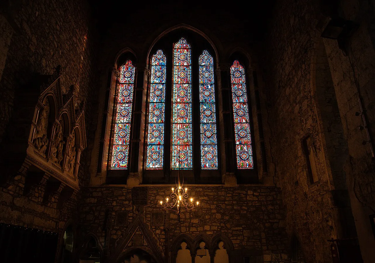 Stained-glass window and interior at St Mary’s Cathedral, Limerick.