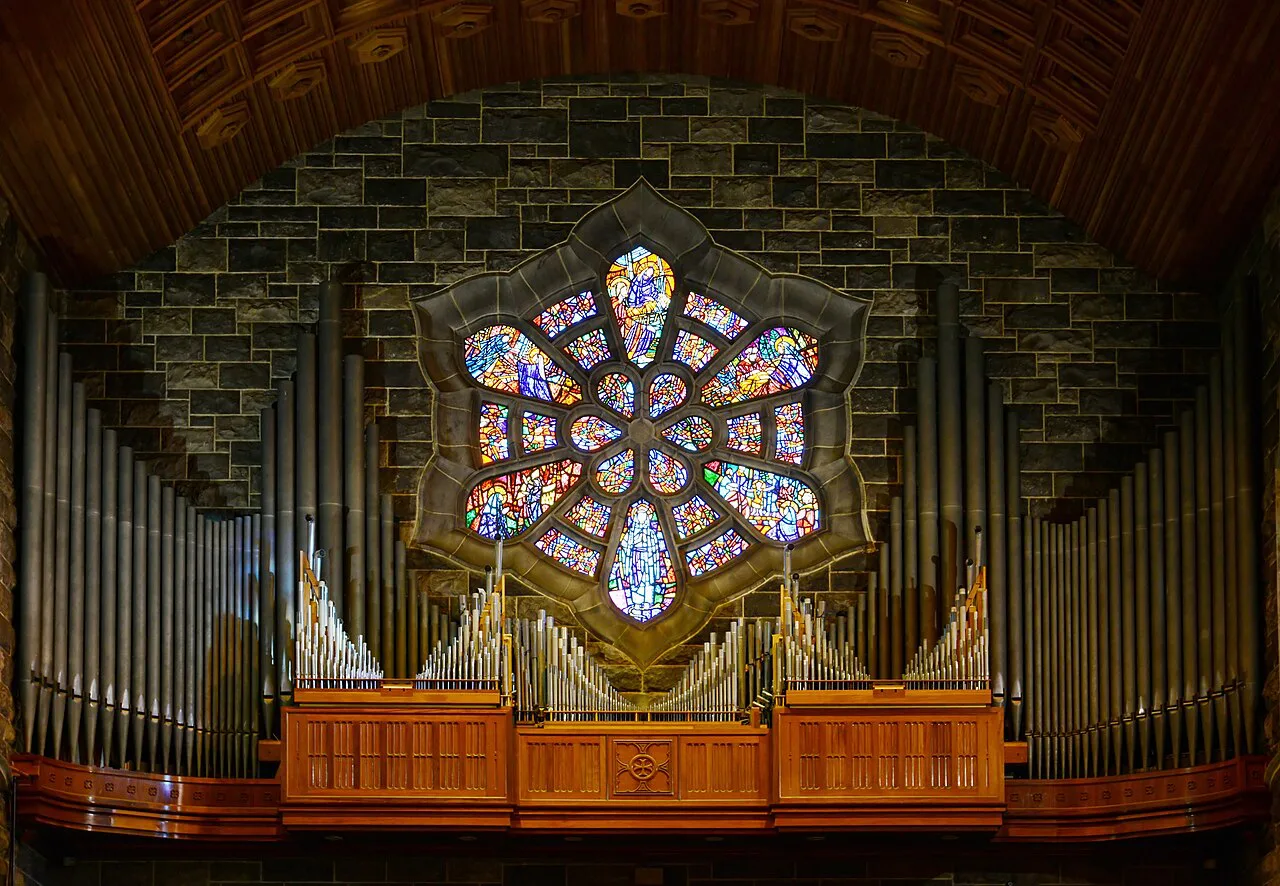 Rose window and organ in Galway Cathedral.
