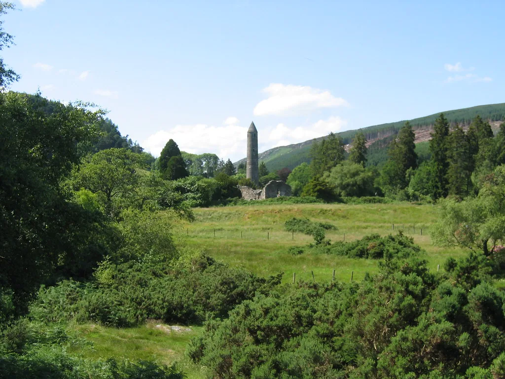 Glendalough's monastic landscape and round tower, County Wicklow.