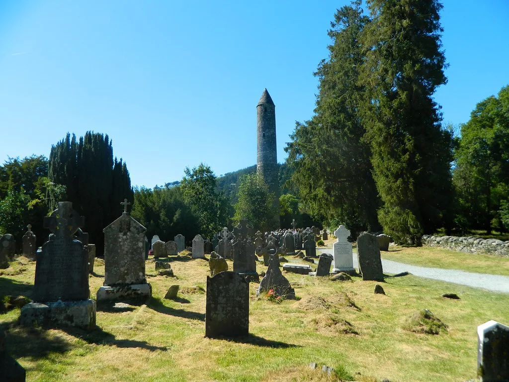 Graveyard and round tower at Glendalough, County Wicklow.