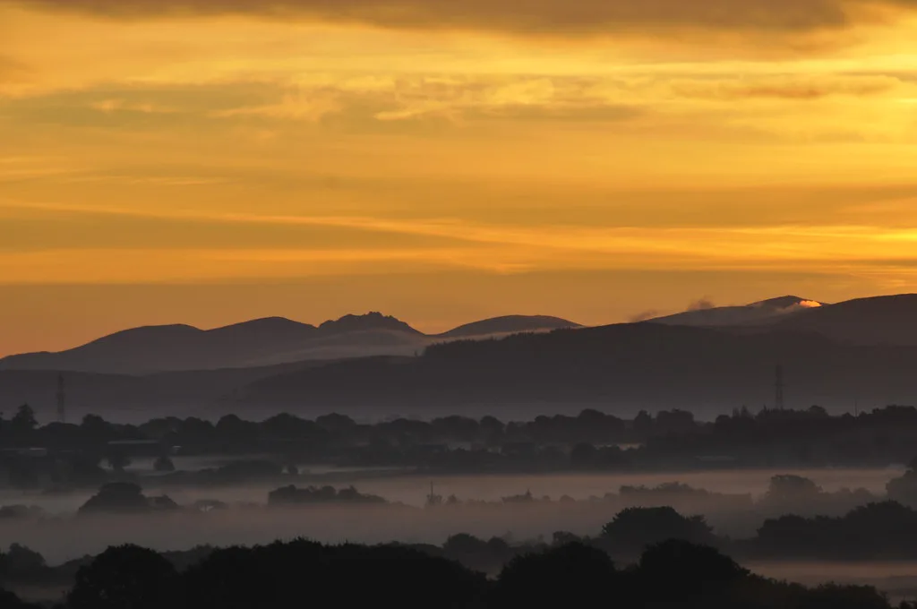 Dawn over the drumlins of County Monaghan, lace country around Carrickmacross and Clones.
