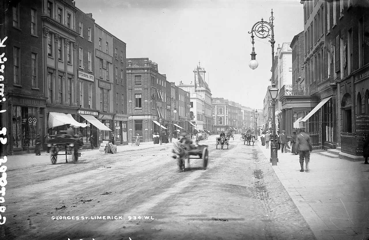 Historic photograph of George’s Street, Limerick, around the turn of the twentieth century.