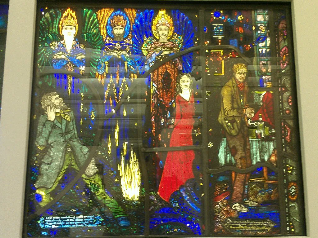 Harry Clarke's window depicting 'The Demi-Gods' and 'Juno and the Paycock'.