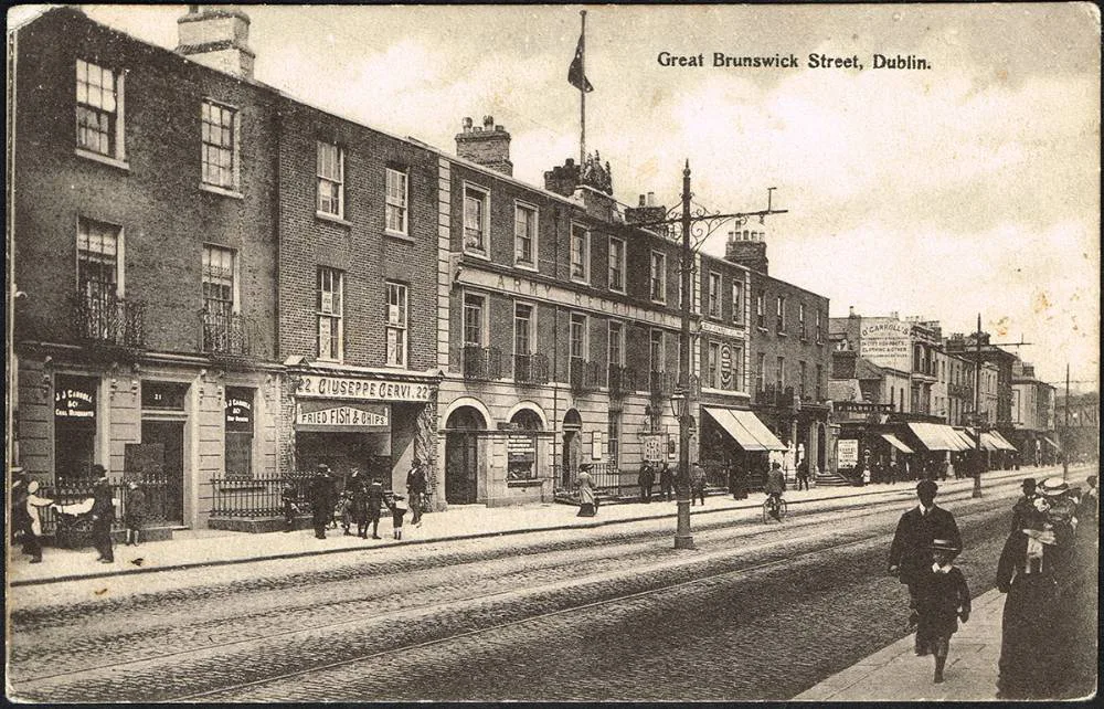 Historic postcard of Great Brunswick Street (now Pearse Street), Dublin.