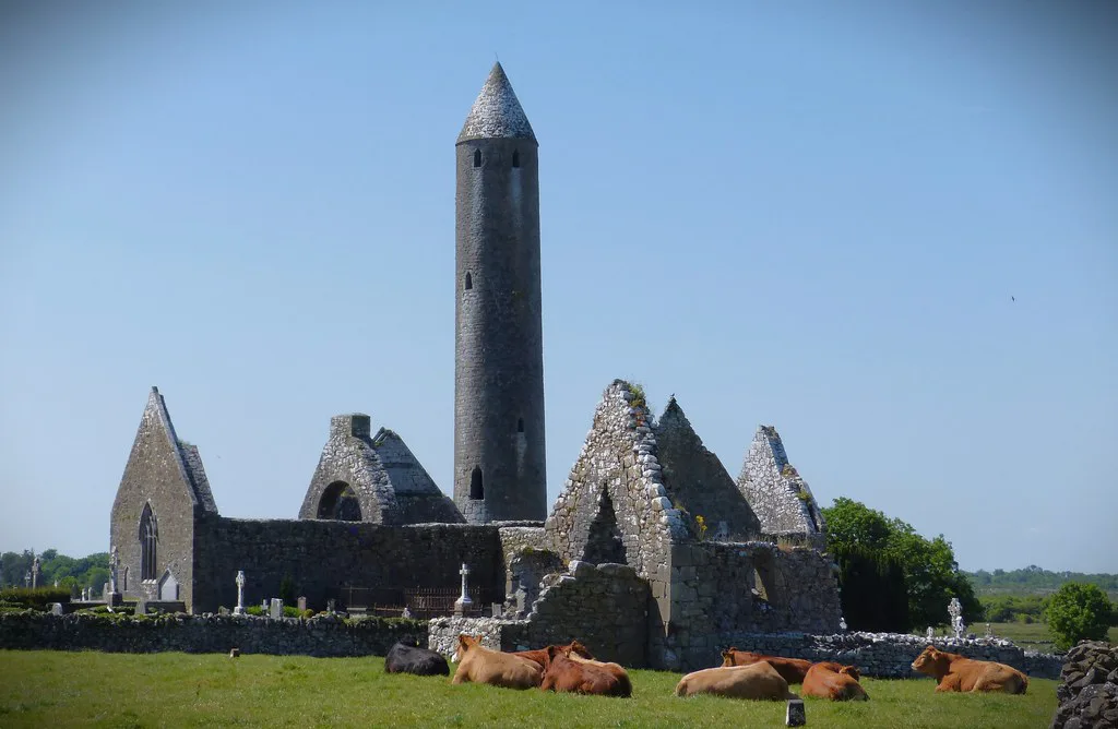 Round tower at Kilmacduagh, County Galway.