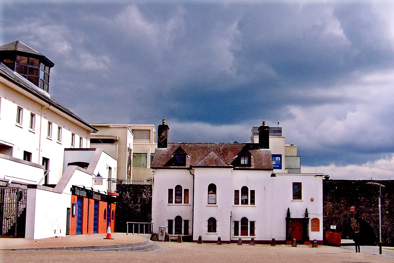 Buildings along the medieval wall near the Spanish Arch, Galway.