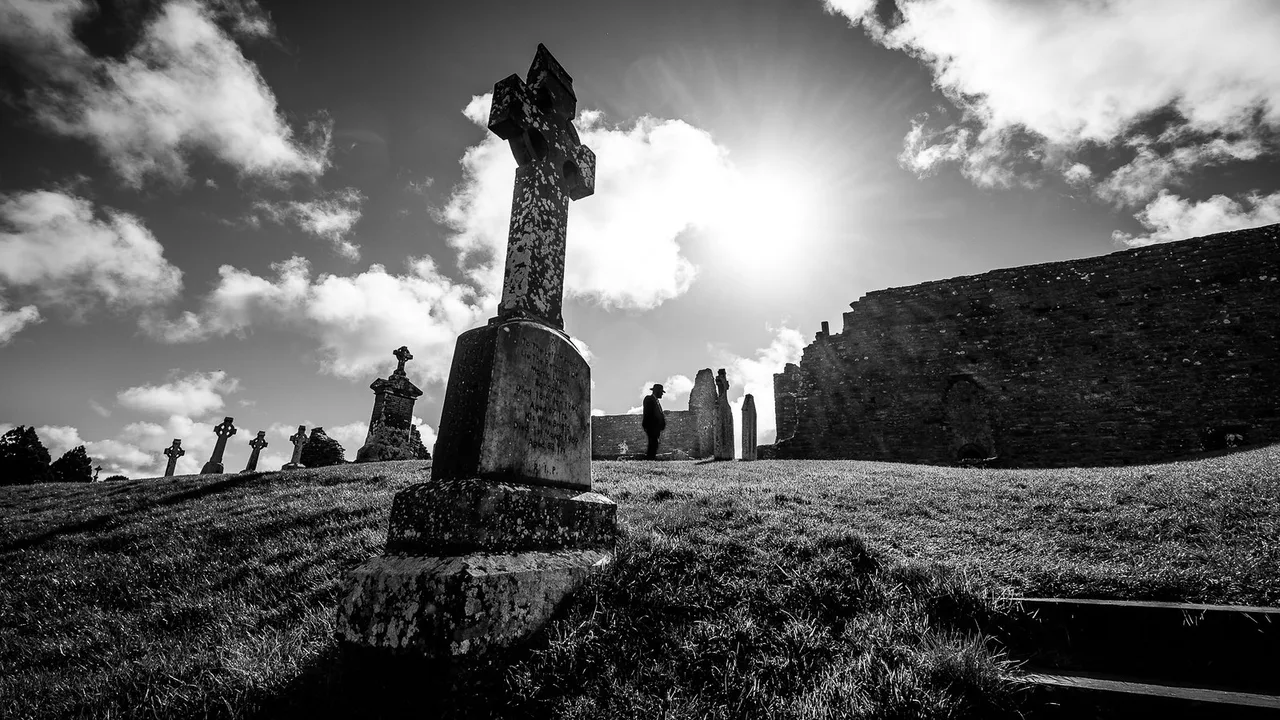 Crosses and monastic ruins at Clonmacnoise, County Offaly.