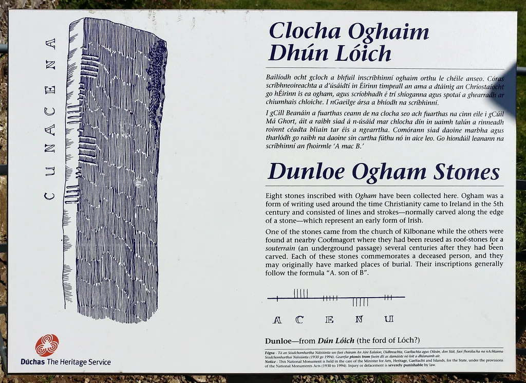 Information board at the Dunloe ogham stones, County Kerry.